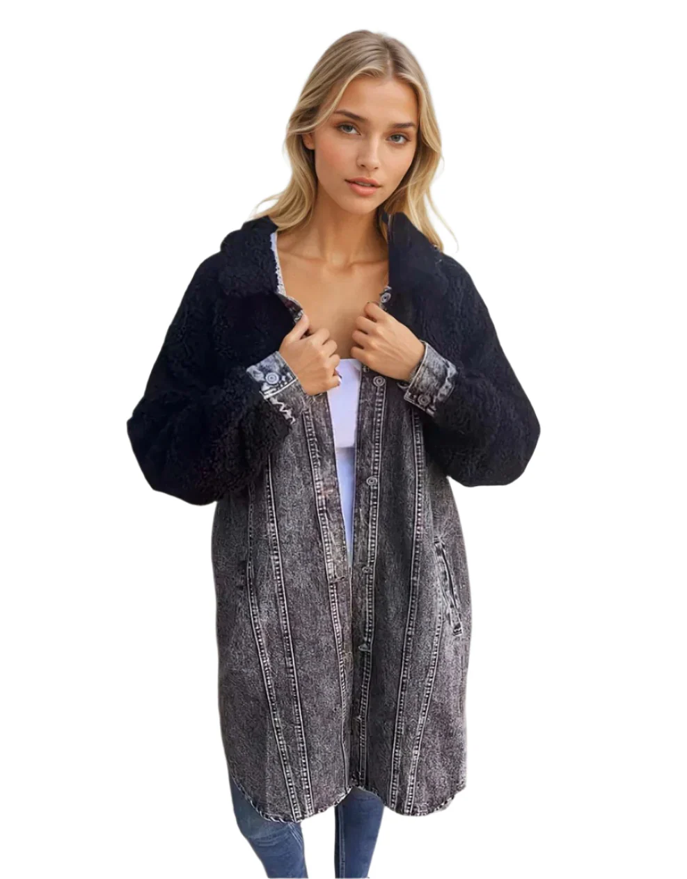 Dames Denim Overjas met Wolaccenten