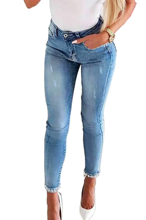 Dames Denimbroek met Strikknoop en Parelkralen