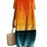 Dames Lange Jurk V-hals Korte Mouwen Gestreept Kleurblok