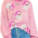 Dames Lange Mouw Top met Santa Claus Print en Roze Strepen