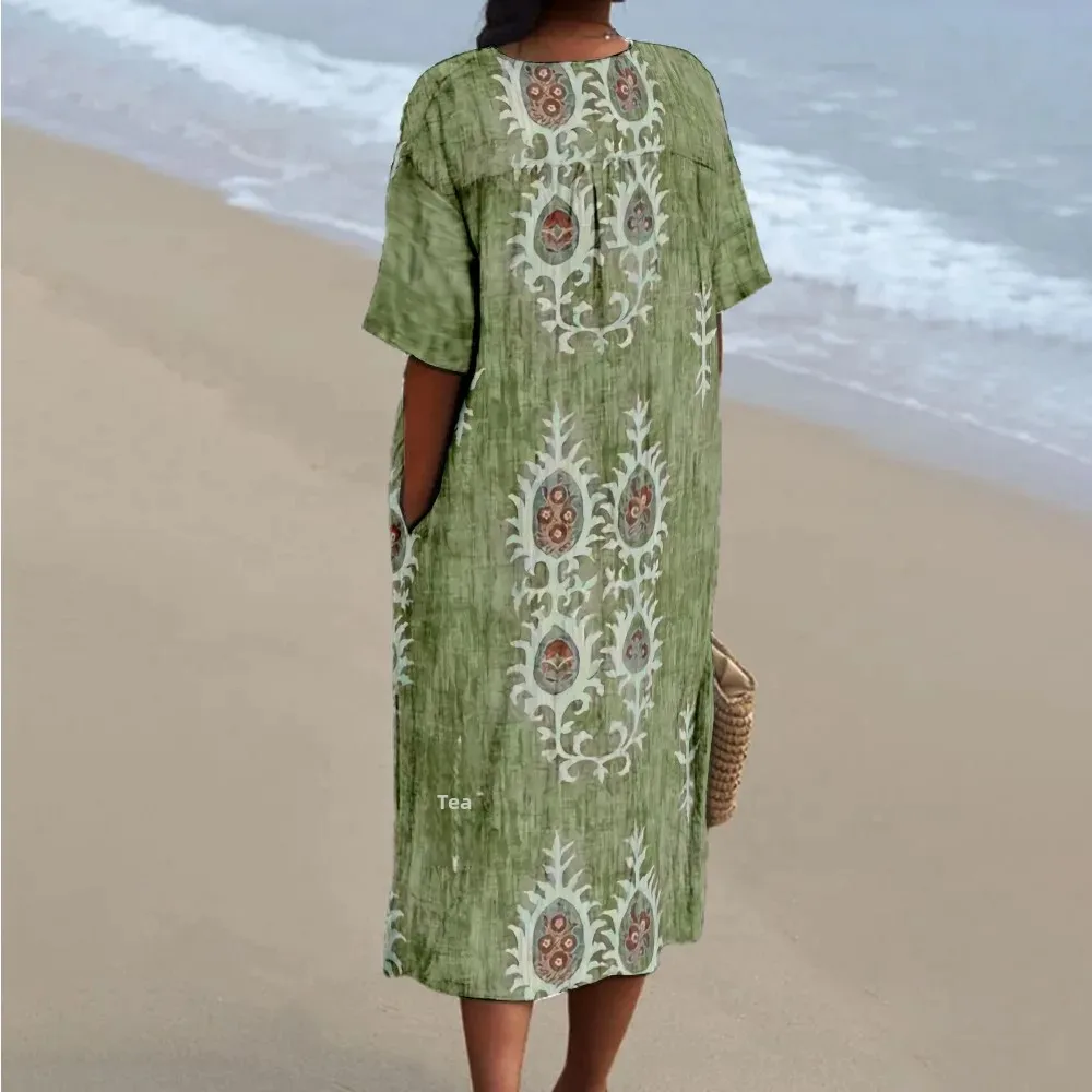 Dames Maxi Jurk V-hals Korte Mouwen Digitale Print voor Zomer - Afbeelding 3