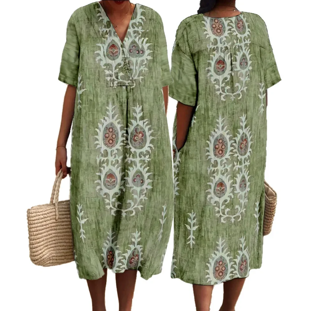 Dames Maxi Jurk V-hals Korte Mouwen Digitale Print voor Zomer - Afbeelding 4