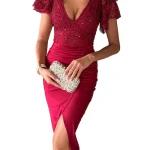 Dames Midi-jurk V-hals met Uitlopende Mouwen en Split