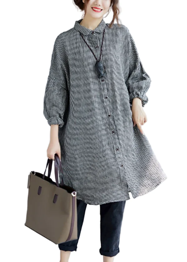 Dames Oversized T-shirt met Geruite Print en Omgeslagen Kraag - Afbeelding 2