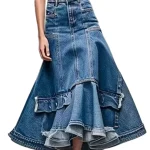Dames Rok Knielengte Hoge Taille A-Lijn Denim met Patchwork Ontwerp