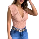 Dames Top Mouwloos V-hals Kant Katoen