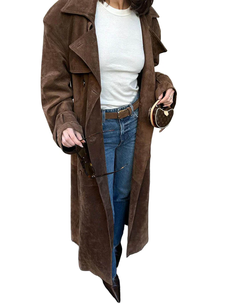 Dames Trenchcoat Suède Look Midi Met Ceintuur en Dubbelrijige Knoopsluiting