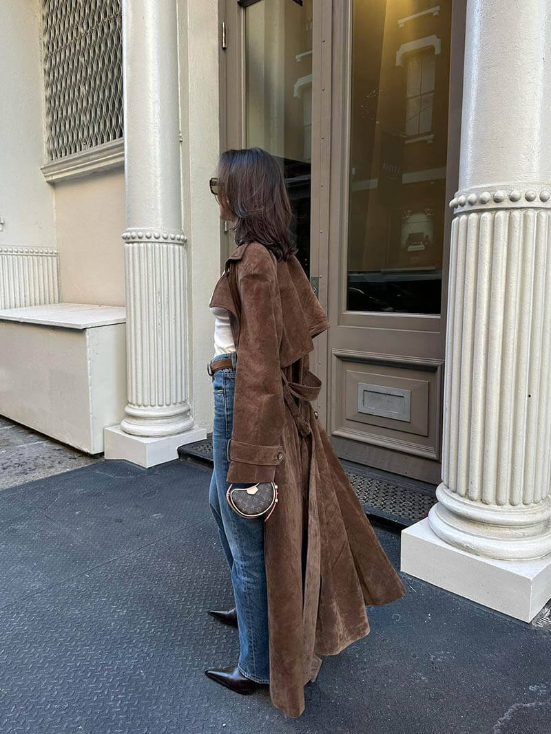 Dames Trenchcoat Suède Look Midi Met Ceintuur en Dubbelrijige Knoopsluiting - Afbeelding 4