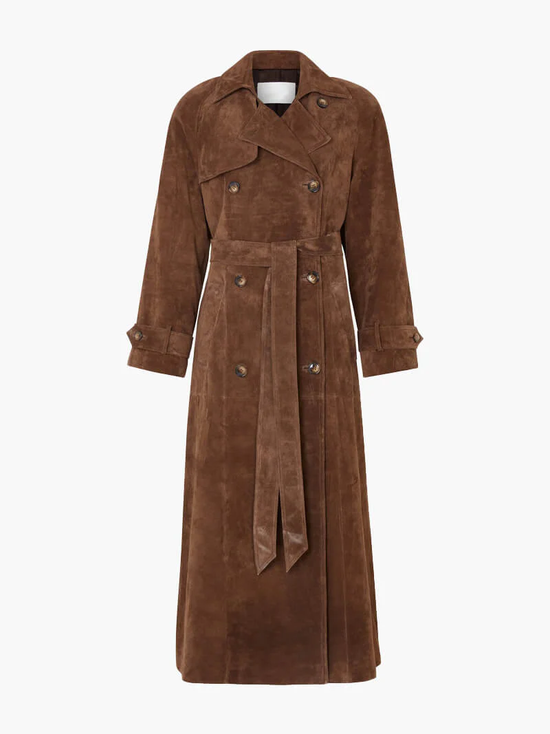 Dames Trenchcoat Suède Look Midi Met Ceintuur en Dubbelrijige Knoopsluiting - Afbeelding 8