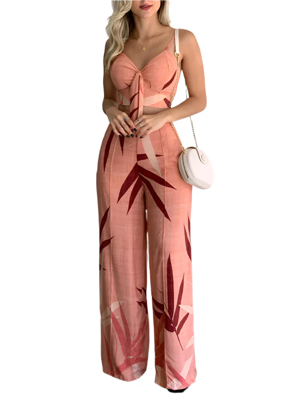 Dames Twee-Piece Set V-Hals Hoge Taille Geprinte Wijde Pantalon