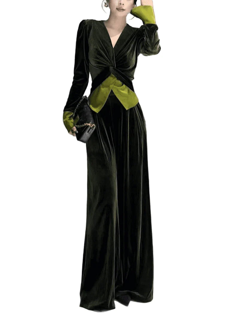 Dames Twee Delige Set met V-Hals en Brede Pijpen