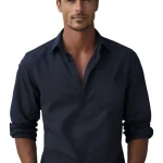 Heren Linnen Look Overhemd Relaxed Fit Met Open Kraag