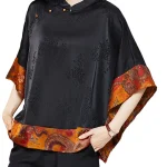 Vintage Zwarte Mandarin Kraag Asymmetrische Patchwork Zijde Blouse